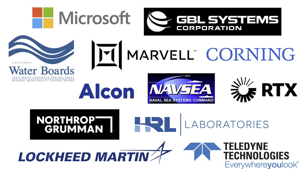 A list of corporate partners: Microsoft, HRL Laboratories, Lockheed Martin, California Water Boards, Marvell, Navsea, RTX, Alcon, Corning, Teledyne Technologies, Northrop Grumman.