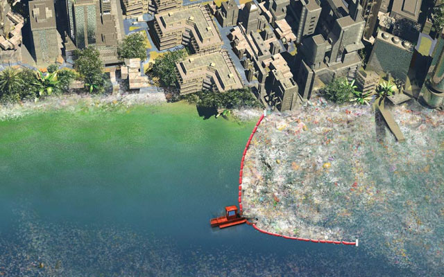 A barge and boom cleaning up pollution in a river.